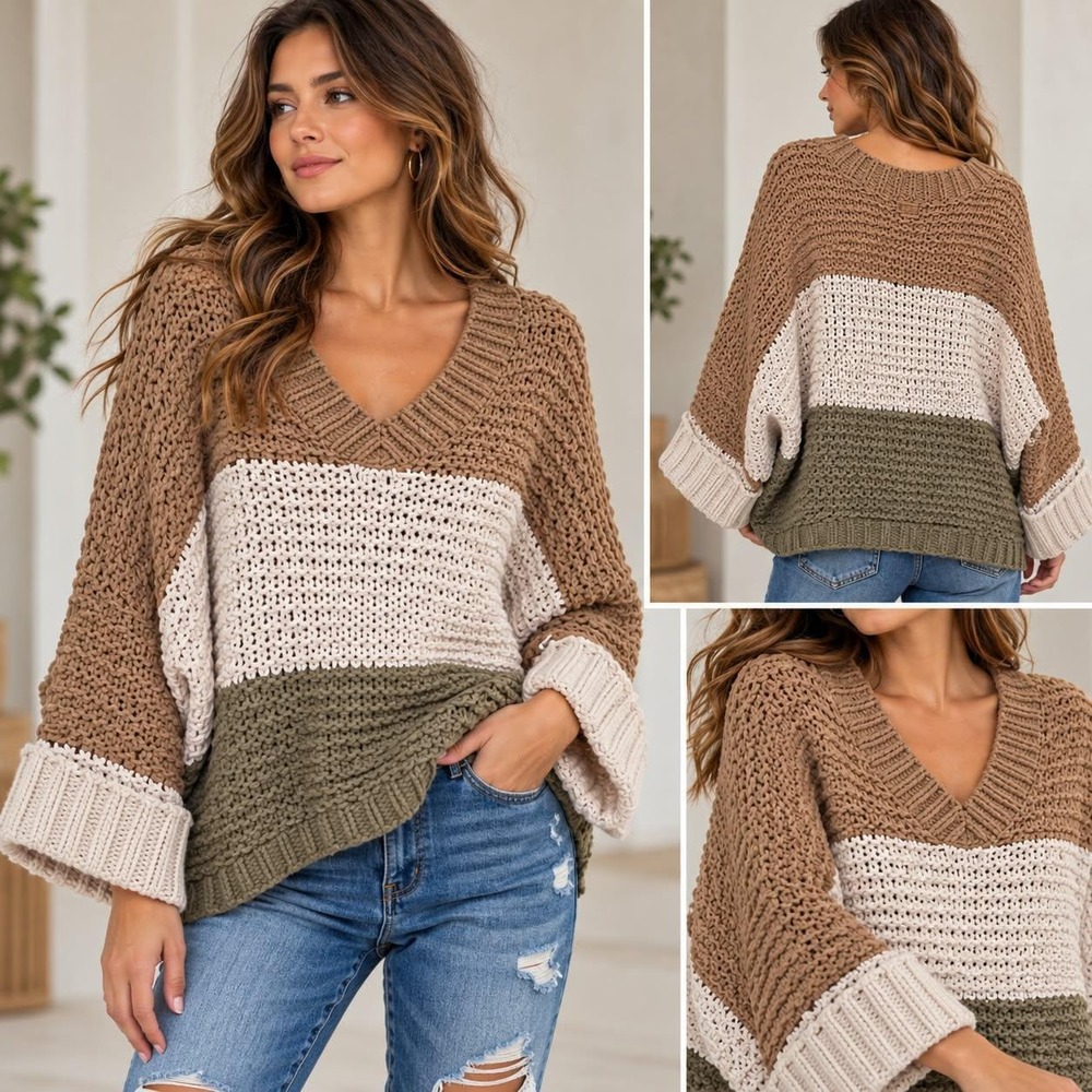 POL Sweater Womens L Multicolor Colorblock V-Neck Chunky Knit Oversized Pullover